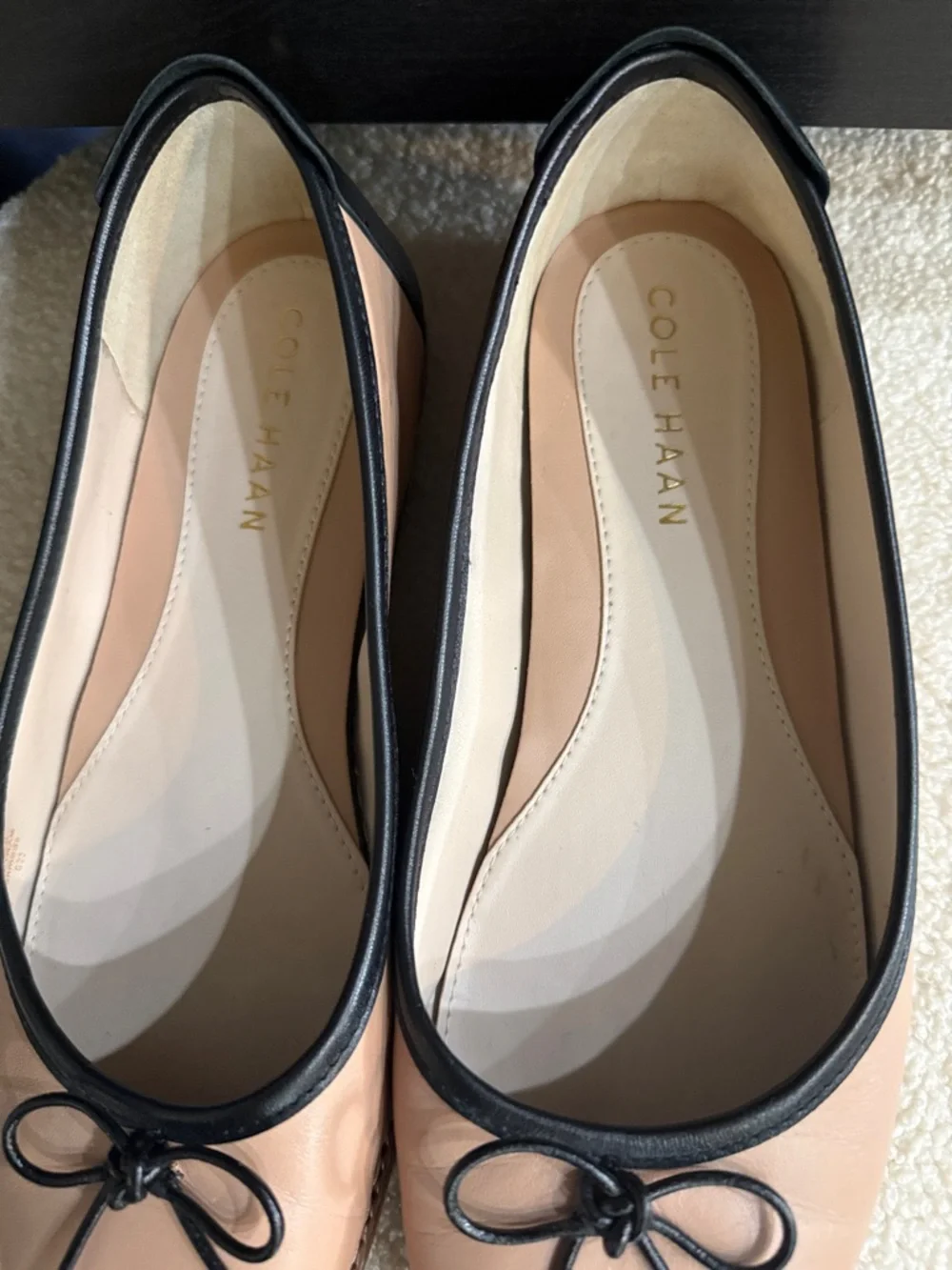 Cole Haan Pink Leather Ballet Flats with Black Trim and Bow - Picture 2 of 9